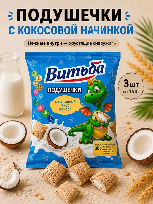 Подушечки Готовый сухой завтрак с начинкой 3шт*150г